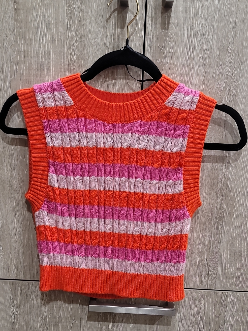 Women's Sleeveless Striped Knit Crop Top - Orange, Pink & White